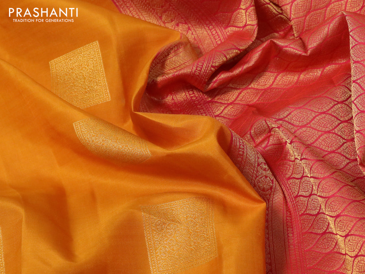 Pure kanchipuram silk saree dark mustard and dual shade of pinkish orange with zari woven box type buttas and zari woven border