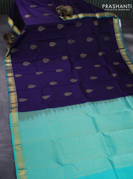 Pure kanchipuram silk saree dark blue and teal green with zari woven buttas and zari woven border