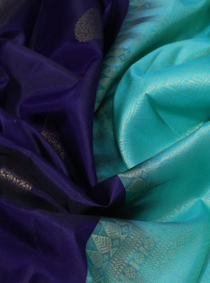 Pure kanchipuram silk saree dark blue and teal green with zari woven buttas and zari woven border