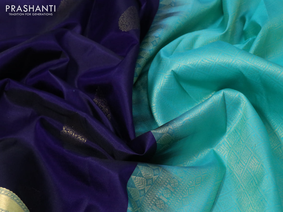 Pure kanchipuram silk saree dark blue and teal green with zari woven buttas and zari woven border