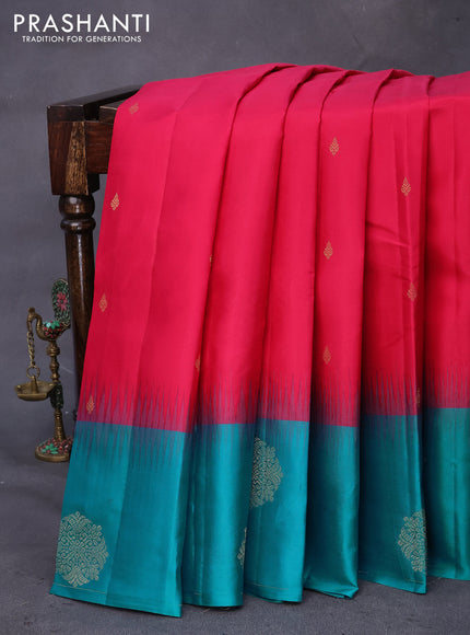 Pure kanchipuram silk saree pink and teal blue with zari woven buttas and zari woven butta border