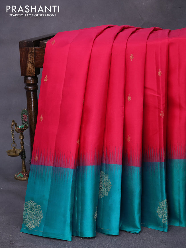 Pure kanchipuram silk saree pink and teal blue with zari woven buttas and zari woven butta border