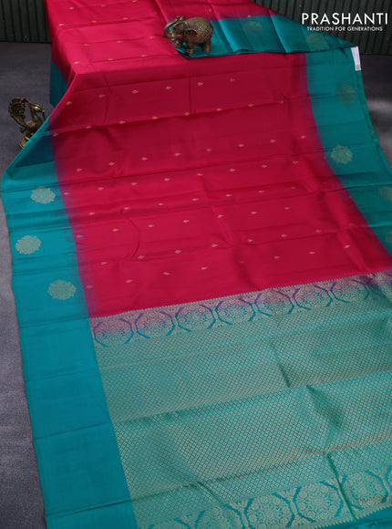 Pure kanchipuram silk saree pink and teal blue with zari woven buttas and zari woven butta border