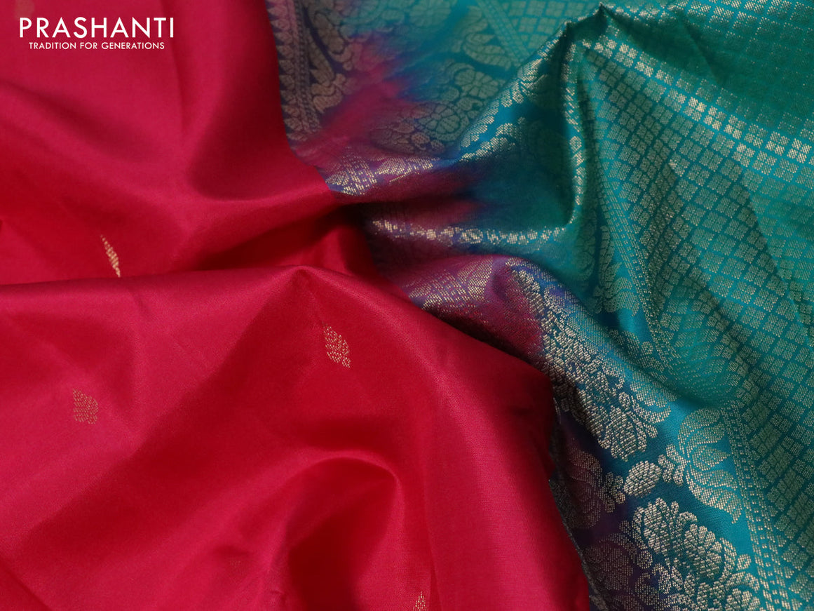 Pure kanchipuram silk saree pink and teal blue with zari woven buttas and zari woven butta border