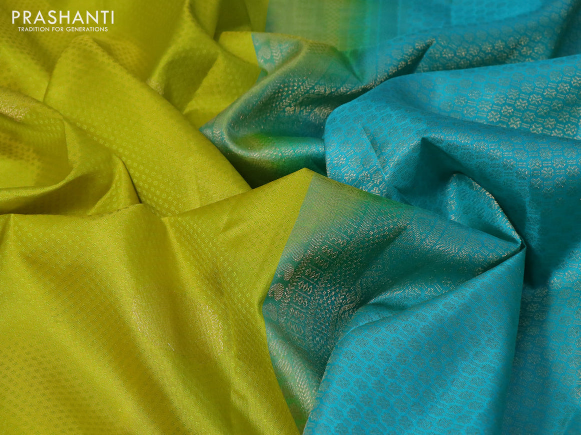 Pure kanchipuram silk saree lime yellow and teal blue with allover self emboss & zari buttas and zari woven border