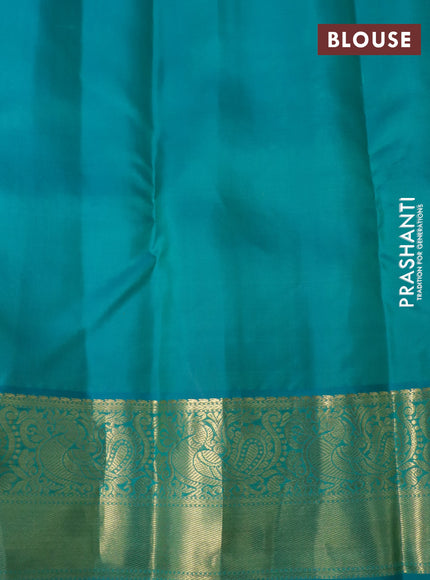 Pure kanchipuram silk saree beige and teal green with allover self emboss & zari buttas and zari woven korvai border