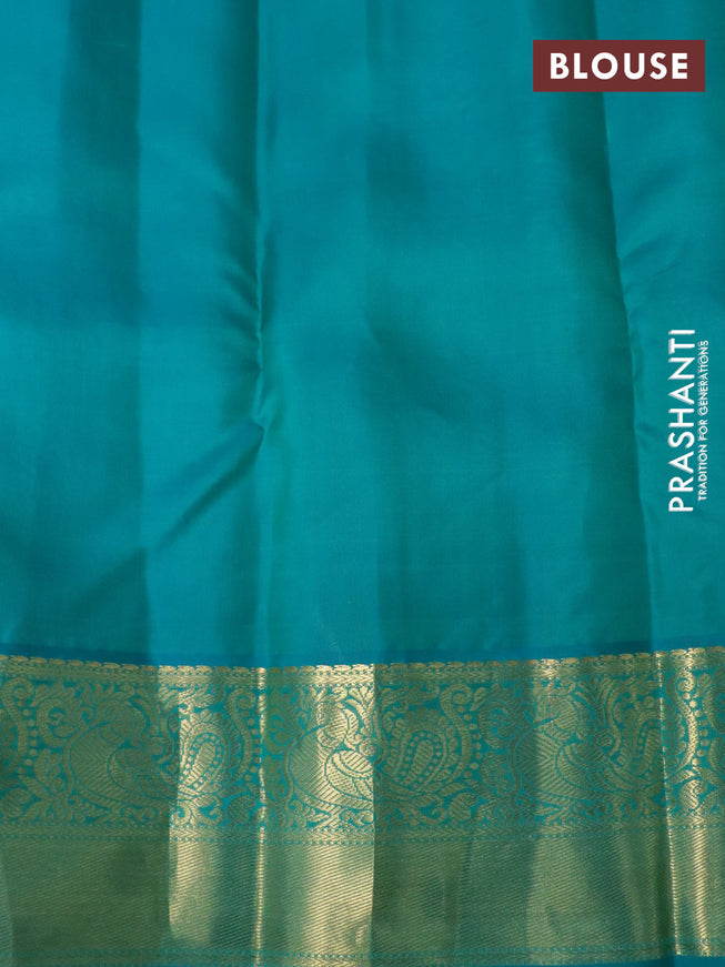 Pure kanchipuram silk saree beige and teal green with allover self emboss & zari buttas and zari woven korvai border