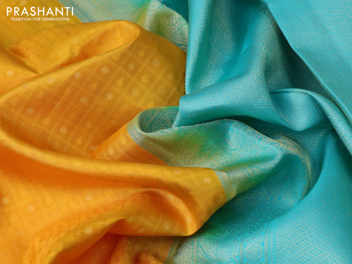 Pure kanchipuram silk saree mustard yellow and teal blue with allover self emboss & zari buttas and zari woven border