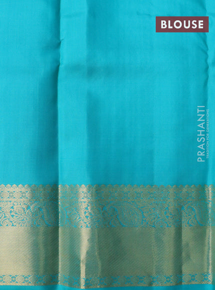 Pure kanchipuram silk saree mustard yellow and teal blue with allover self emboss & zari buttas and zari woven border