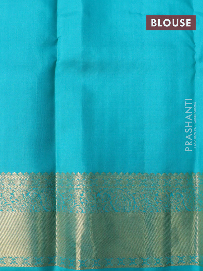 Pure kanchipuram silk saree mustard yellow and teal blue with allover self emboss & zari buttas and zari woven border