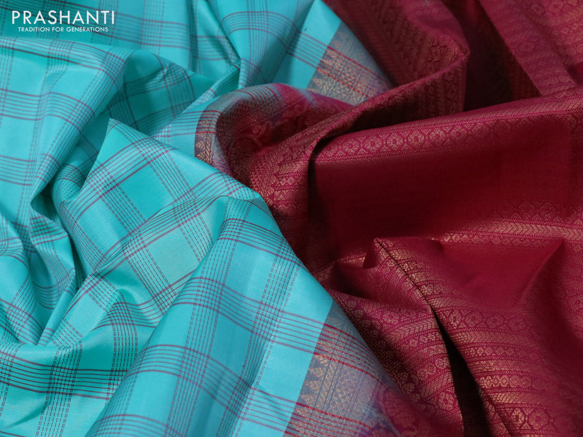 Pure kanchipuram silk saree teal blue and dark pink with allover checked pattern and zari woven korvai border