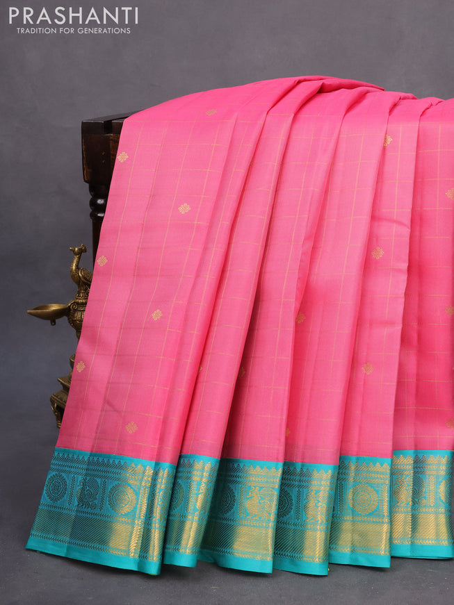 Pure kanchipuram silk saree pink and teal blue with allover zari checks & buttas and zari woven korvai border