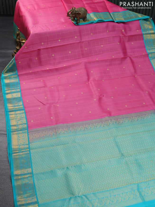 Pure kanchipuram silk saree pink and teal blue with allover zari checks & buttas and zari woven korvai border