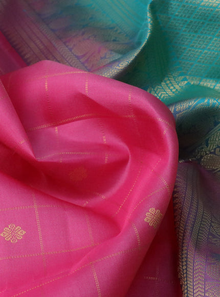 Pure kanchipuram silk saree pink and teal blue with allover zari checks & buttas and zari woven korvai border