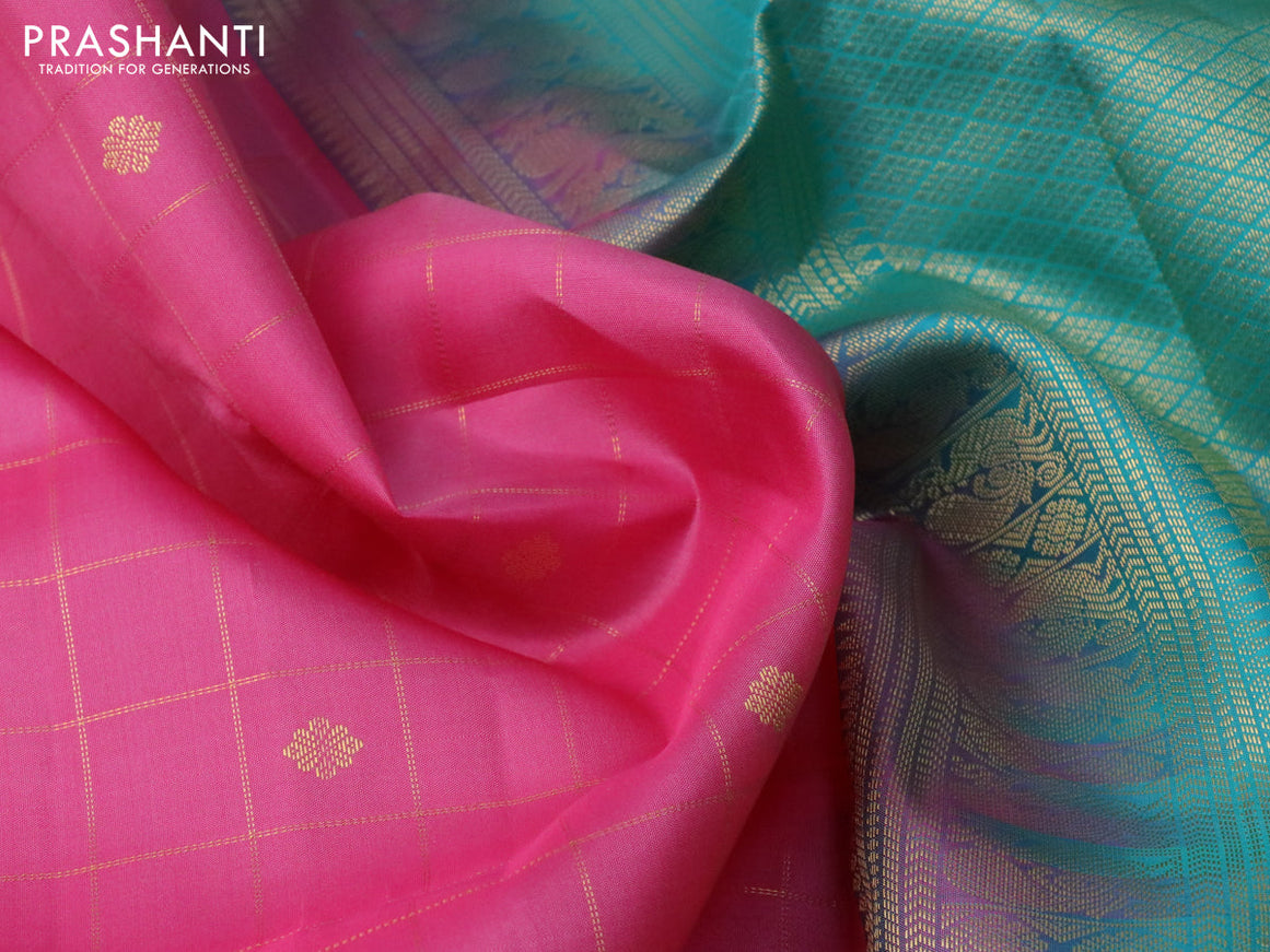 Pure kanchipuram silk saree pink and teal blue with allover zari checks & buttas and zari woven korvai border