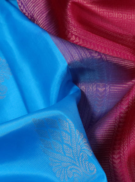 Pure kanchipuram silk saree light blue and dark pink with zari woven buttas in borderless style