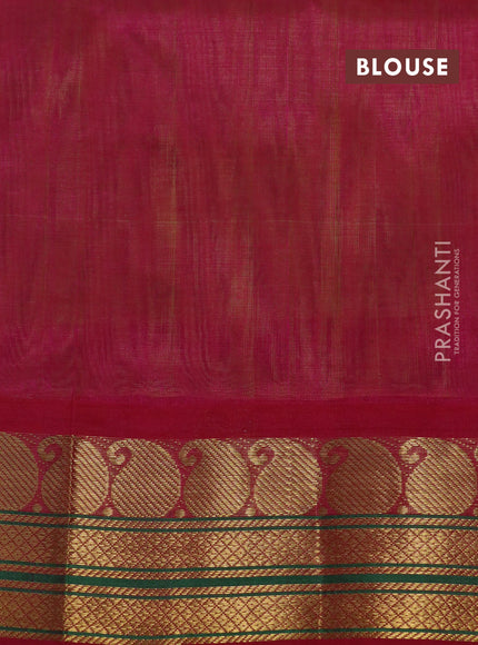 Silk cotton saree flourescent green and pink with plain body and paisleybzari woven korvai border