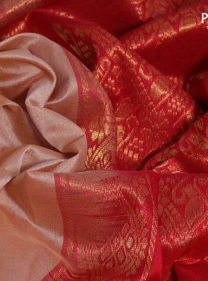 Silk cotton saree pastel peach and red with plain body and zari woven korvai border