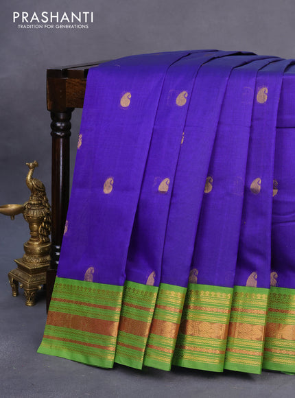 Silk cotton saree blue and green with annam & paisley zari woven buttas and zari woven korvai border