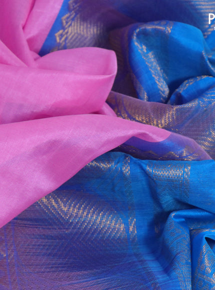 Silk cotton saree light pink and blue with plain body and rudhraksha zari woven korvai border