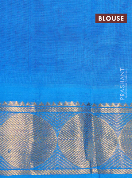 Silk cotton saree light pink and blue with plain body and rudhraksha zari woven korvai border