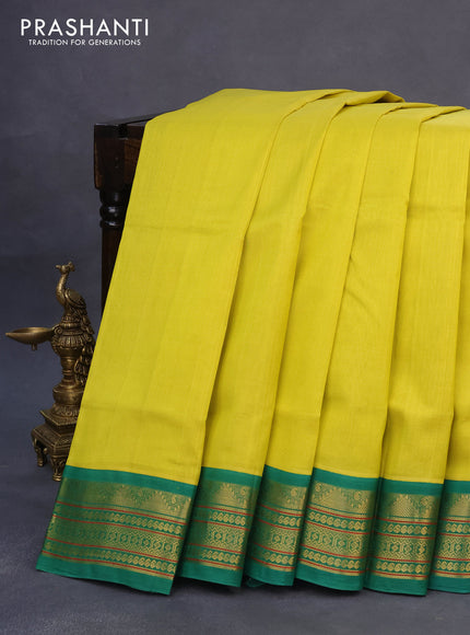 Silk cotton saree lime yellow and green with plain body and zari woven korvai border