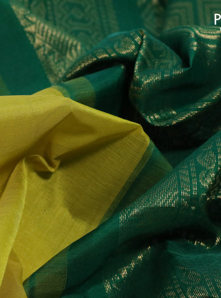 Silk cotton saree lime yellow and green with plain body and zari woven korvai border