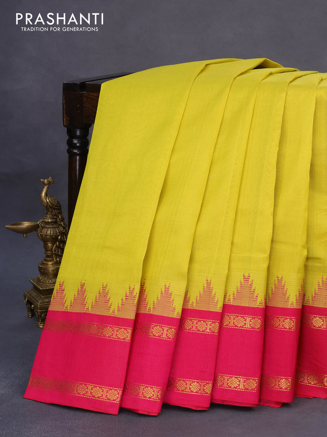 Silk cotton saree lime yellow and pink with plain body and temple design rettapet zari woven border