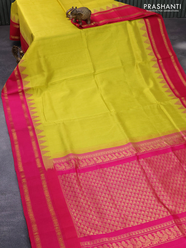 Silk cotton saree lime yellow and pink with plain body and temple design rettapet zari woven border