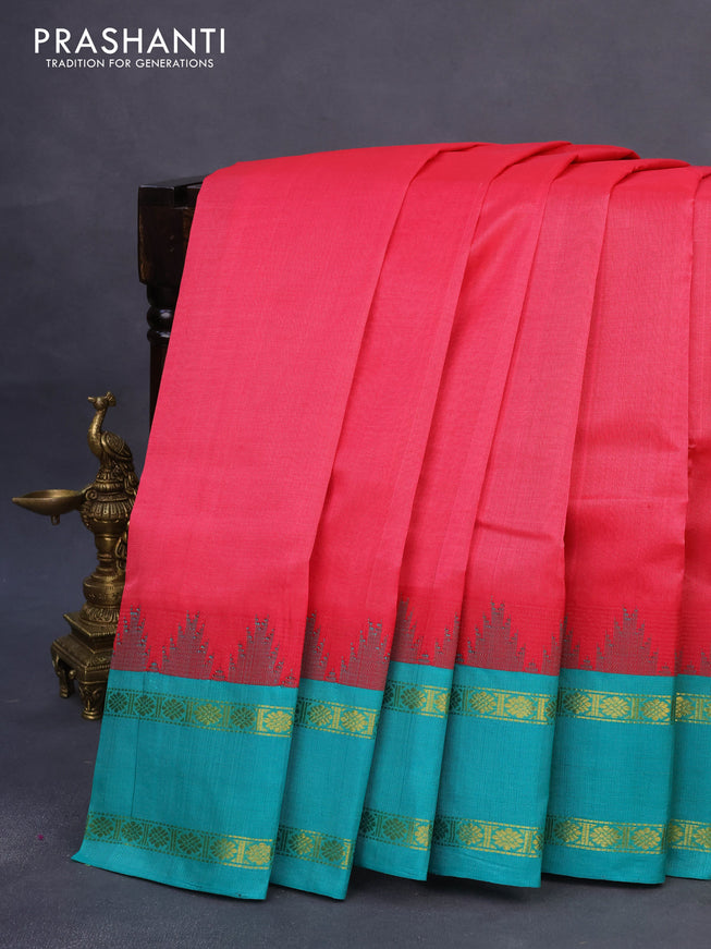 Silk cotton saree pink and teal green with plain body and temple design rettapet zari woven border