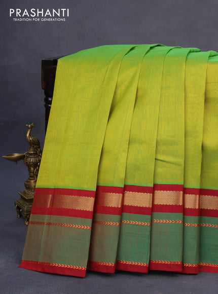 Silk cotton saree lime green and maroon with plain body and zari woven butta border