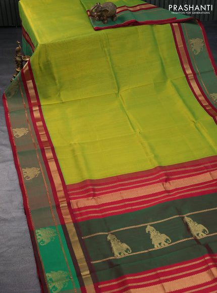 Silk cotton saree lime green and maroon with plain body and zari woven butta border