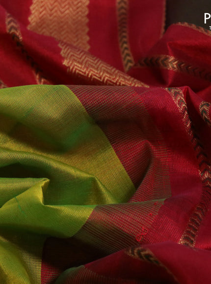 Silk cotton saree lime green and maroon with plain body and zari woven butta border