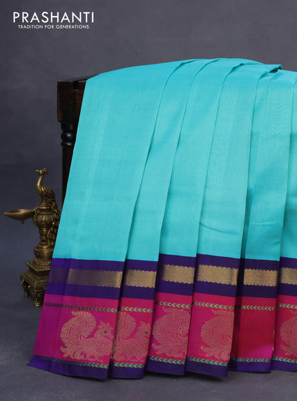 Silk cotton saree teal blue and blue with plain body and zari woven butta border