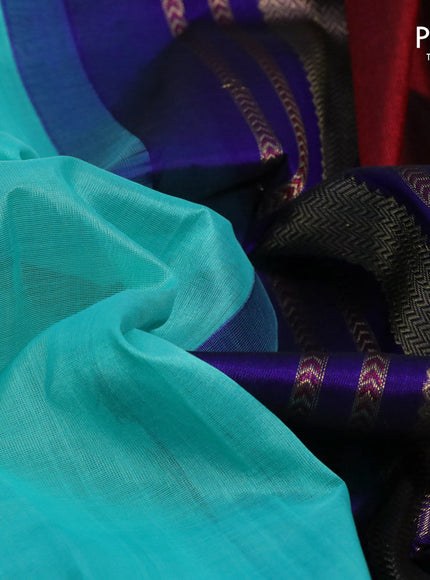 Silk cotton saree teal blue and blue with plain body and zari woven butta border