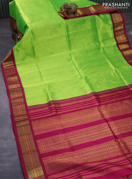 Silk cotton saree light green and dark pink with plain body and zari woven korvai border