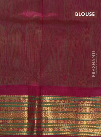 Silk cotton saree light green and dark pink with plain body and zari woven korvai border