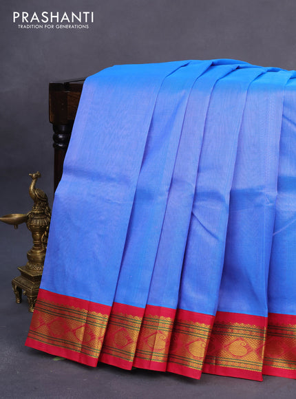 Silk cotton saree blue and pink with plain body and zari woven korvai border