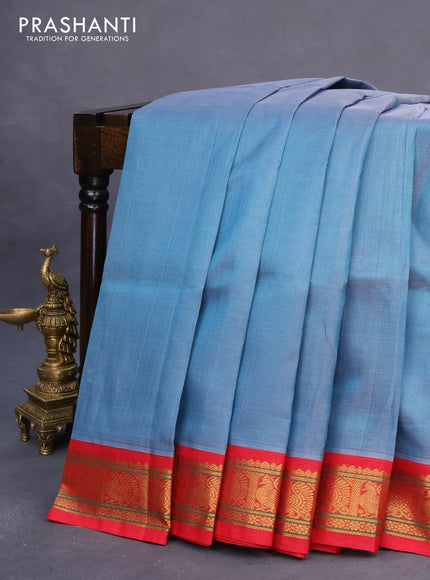 Silk cotton saree blue shade and red with allover vairaosi pattern and zari woven korvai border