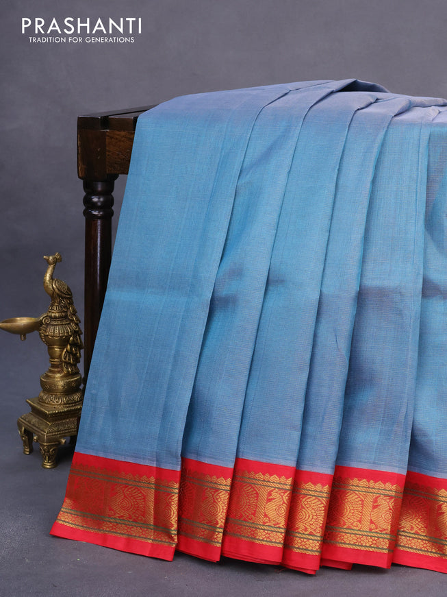 Silk cotton saree blue shade and red with allover vairaosi pattern and zari woven korvai border