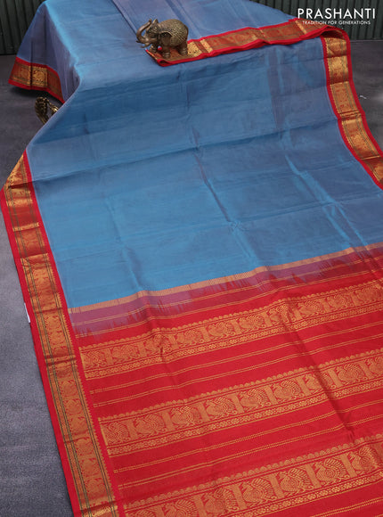 Silk cotton saree blue shade and red with allover vairaosi pattern and zari woven korvai border