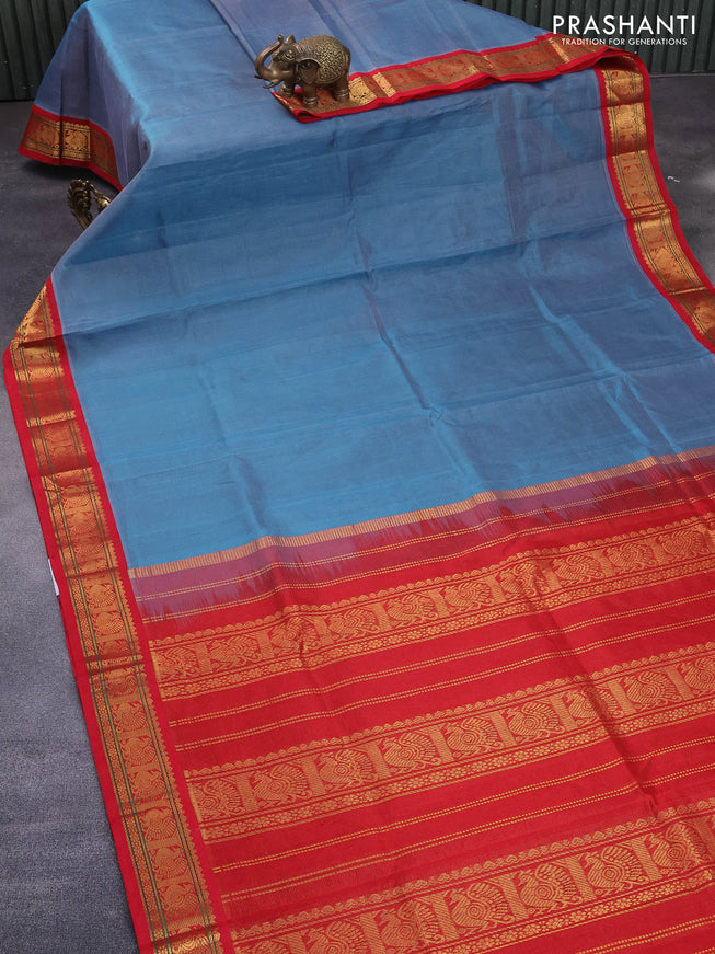 Silk cotton saree blue shade and red with allover vairaosi pattern and zari woven korvai border