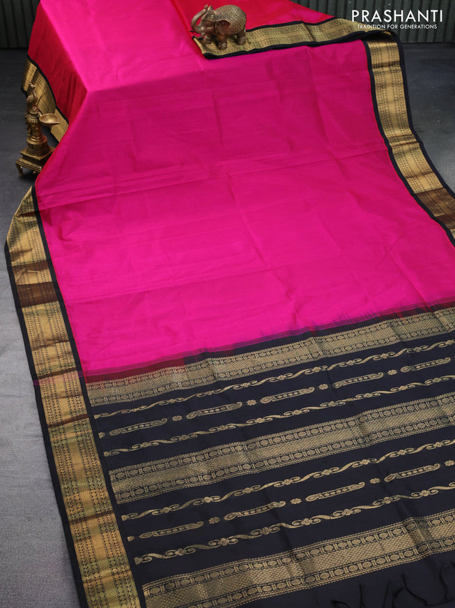 Kuppadam silk cotton saree dark pink and black with plain body and zari woven border