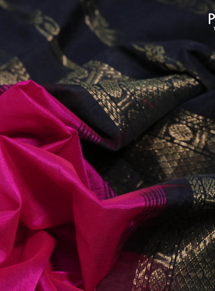 Kuppadam silk cotton saree dark pink and black with plain body and zari woven border