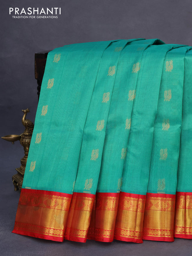 Kuppadam silk cotton saree teal green and red with annam zari woven buttas and zari woven border