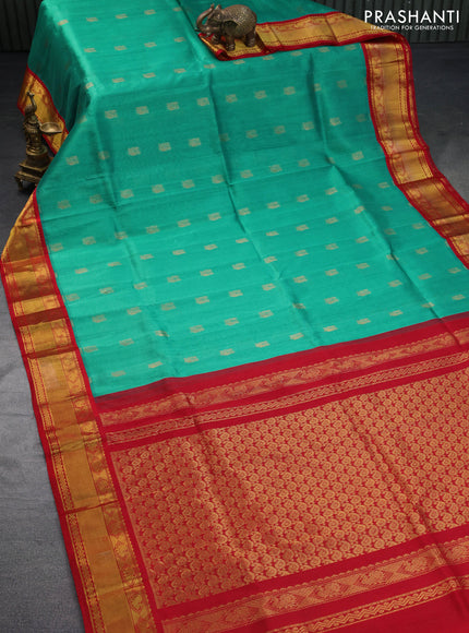 Kuppadam silk cotton saree teal green and red with annam zari woven buttas and zari woven border