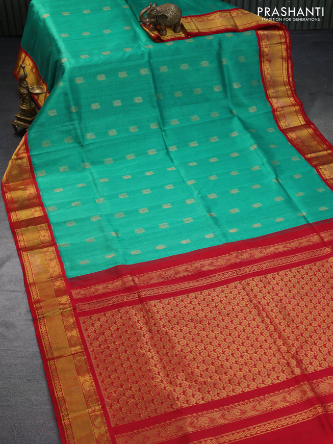 Kuppadam silk cotton saree teal green and red with annam zari woven buttas and zari woven border