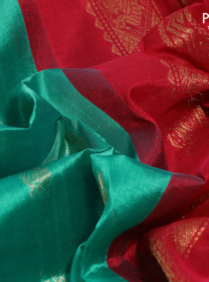 Kuppadam silk cotton saree teal green and red with annam zari woven buttas and zari woven border