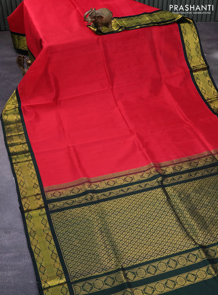 Kuppadam silk cotton saree red and bottle green with plain body and zari woven border