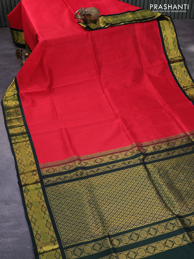 Kuppadam silk cotton saree red and bottle green with plain body and zari woven border